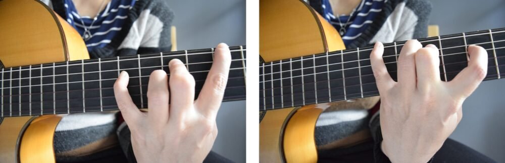 Reverse stretching guitar exercise showing both hand positions